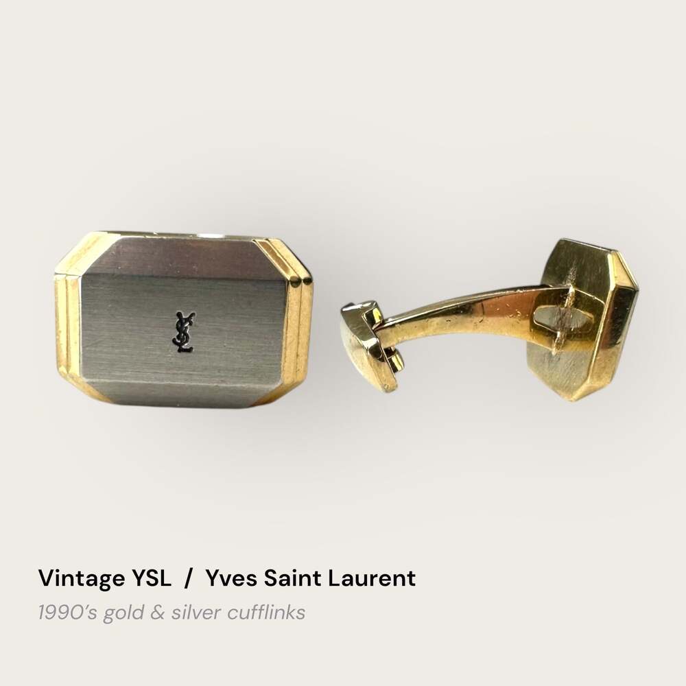 Vintage Yves Saint Laurent YSL Gold and Silver Tone Octagonal Logo Cufflinks